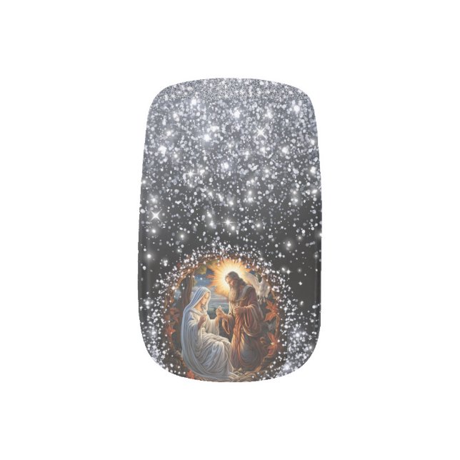 Elegant Nativity Scene Faux Glitter Minx Nail Art (Left Thumb)