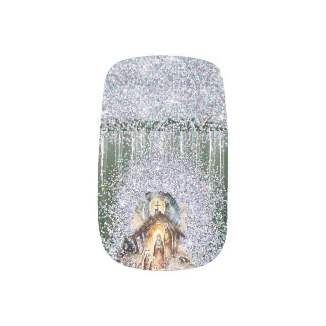 Elegant Nativity Scene Green Faux Glitter Minx Nail Art (Left Thumb)