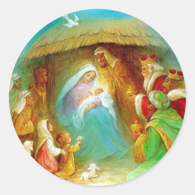 Elegant Nativity scene, Mary Jesus Joseph Classic Round Sticker (Front)