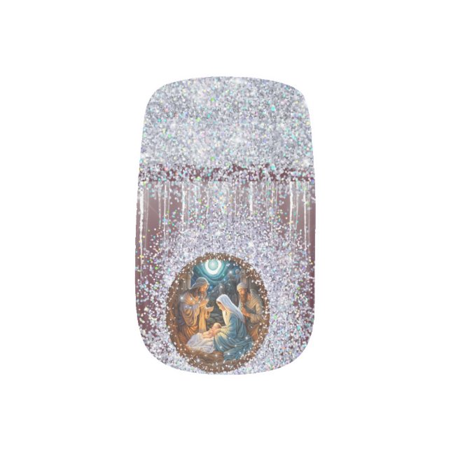 Elegant Nativity Scene Red Faux Glitter Minx Nail Art (Left Thumb)