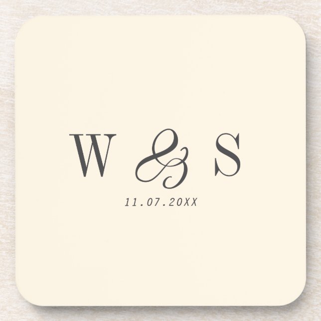 Elegant natural cream initial wedding couples beverage coaster (Front)