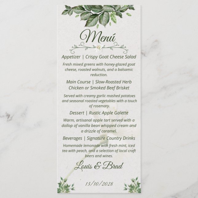 Elegant Natural Greenery Foliage Wedding Menu (Front)