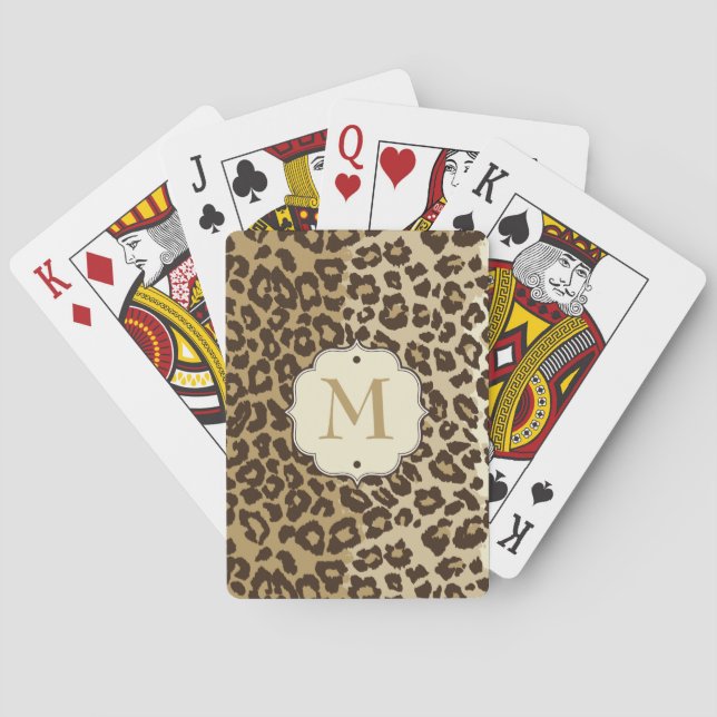 Elegant Natural Leopard Print Custom Monogram Poker Cards (Back)