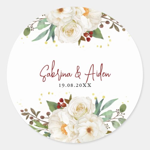 Elegant Natural White Rose Peony Floral Wedding  Classic Round Sticker