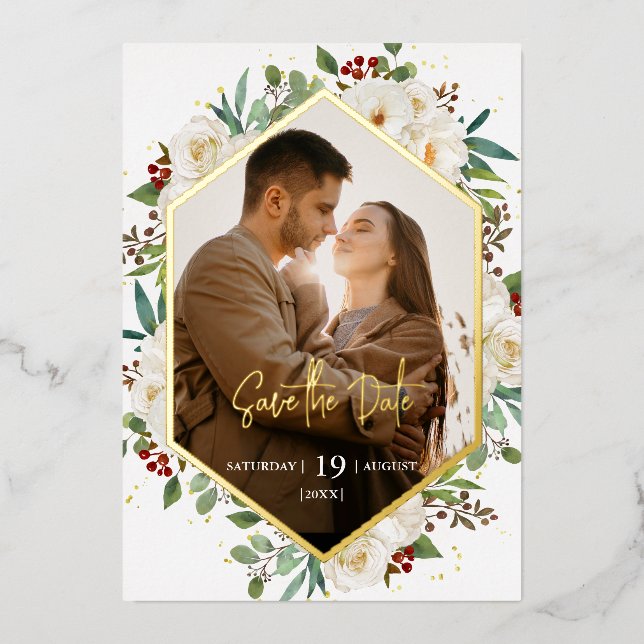 Elegant Natural White Rose Peony Floral Wedding   Foil Invitation (Front)