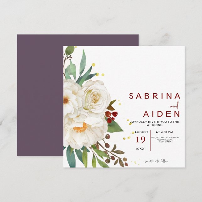 Elegant Natural White Rose Peony Floral Wedding  Invitation (Front/Back)