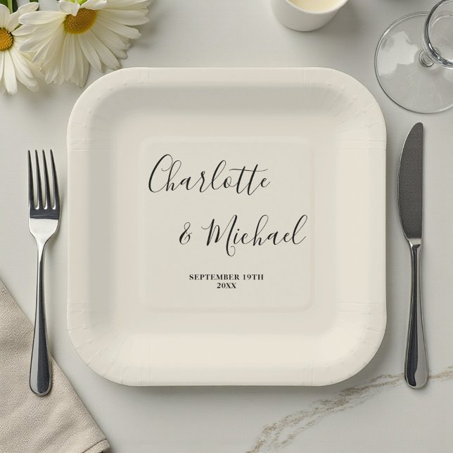 Elegant Natural White Script Minimalist Wedding Paper Plates (Creator Uploaded)