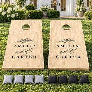 Elegant Natural Wood Wedding Monogram Laurel Cornhole Set