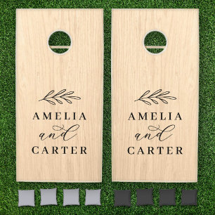 Elegant Natural Wood Wedding Monogram Laurel Cornhole Set