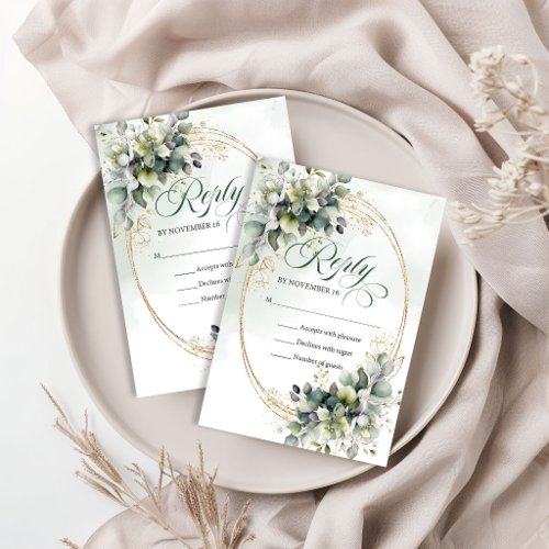 Elegant Nature Boho Green and Gold Wedding RSVP   Card