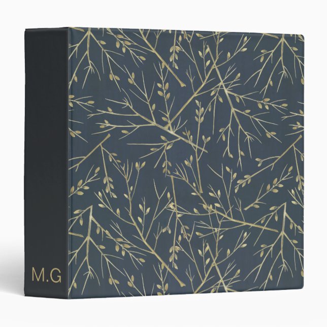 Elegant Nature Branches Pattern Blue Monogram 3 Ring Binder (Front/Spine)