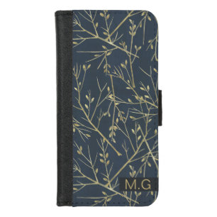 Elegant Nature Branches Pattern Blue Monogram iPhone 8/7 Wallet Case