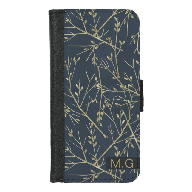Elegant Nature Branches Pattern Blue Monogram iPhone Wallet Case (Front)