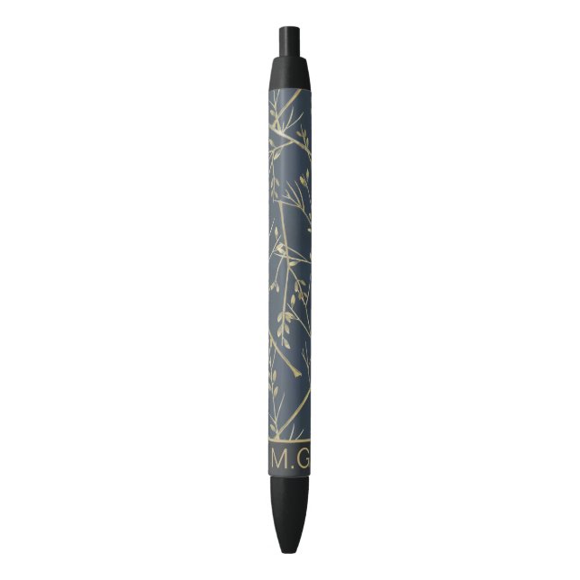 Elegant Nature Branches Pattern Blue Monogram Pen (Front Vertical)