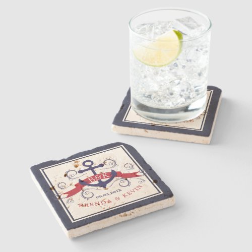 Elegant nautical anchor blue swirls accent stone coaster