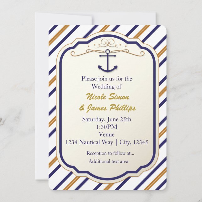 Elegant Nautical Anchor Blue White Gold Invitation (Front)