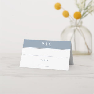 Elegant Nautical Anchor Monogram Dusty Blue  Place Card