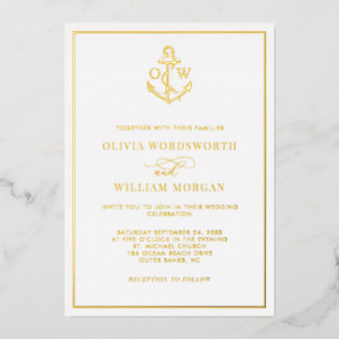 Elegant Nautical Anchor Monogram Wedding All Gold  Foil Invitation