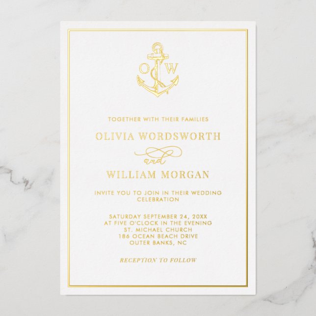 Elegant Nautical Anchor Monogram Wedding All Gold  Foil Invitation (Front)