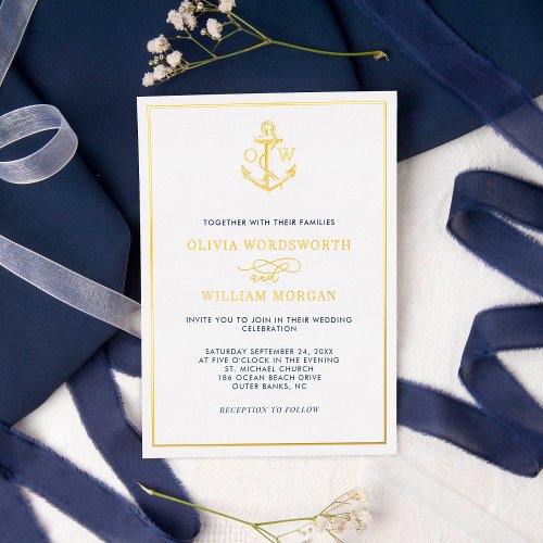 Elegant Nautical Anchor Monogram Wedding Gold  Foil Invitation