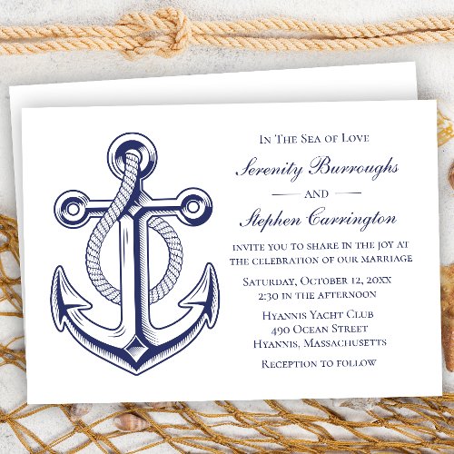 Elegant Nautical Anchor Navy Blue Summer Wedding Invitation