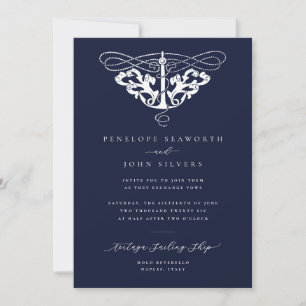 Elegant Nautical Anchor Navy Blue Wedding Invitation