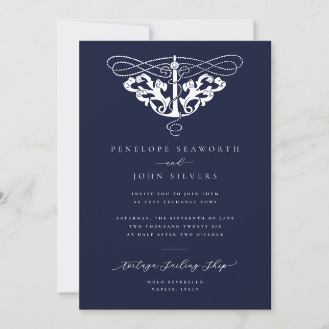 Elegant Nautical Anchor Navy Blue Wedding Invitation (Front)
