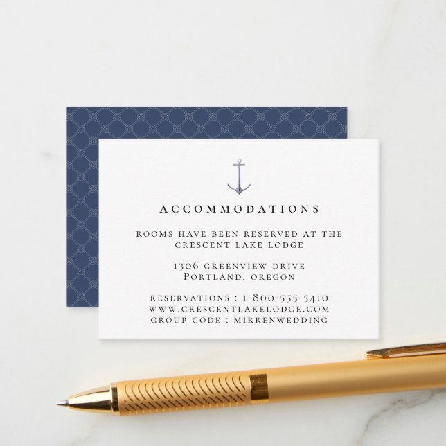 Elegant Nautical Anchor Wedding Accommodations Enclosure Card (Front/Back In Situ)