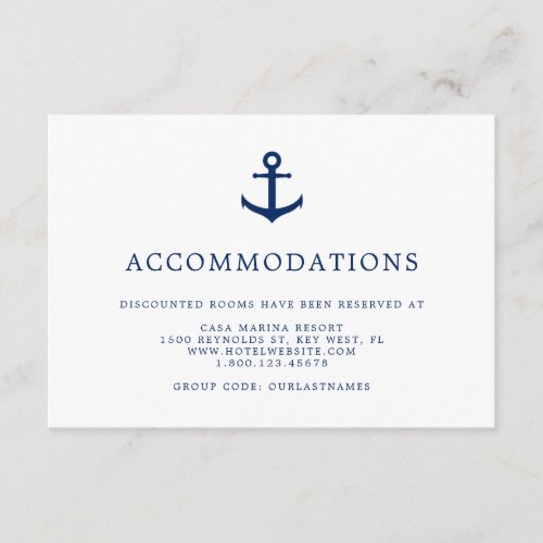 Elegant Nautical Anchor Wedding Accommodations Enclosure Card