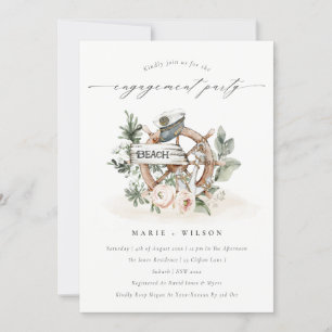Elegant Nautical Anchor Wheel Floral Engagement Invitation