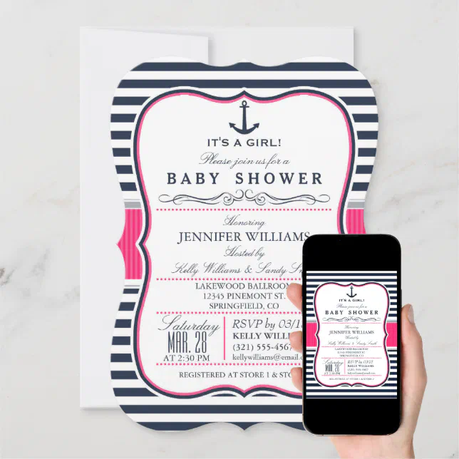 Elegant Nautical Baby Shower Invite; Navy and Pink Invitation Zazzle