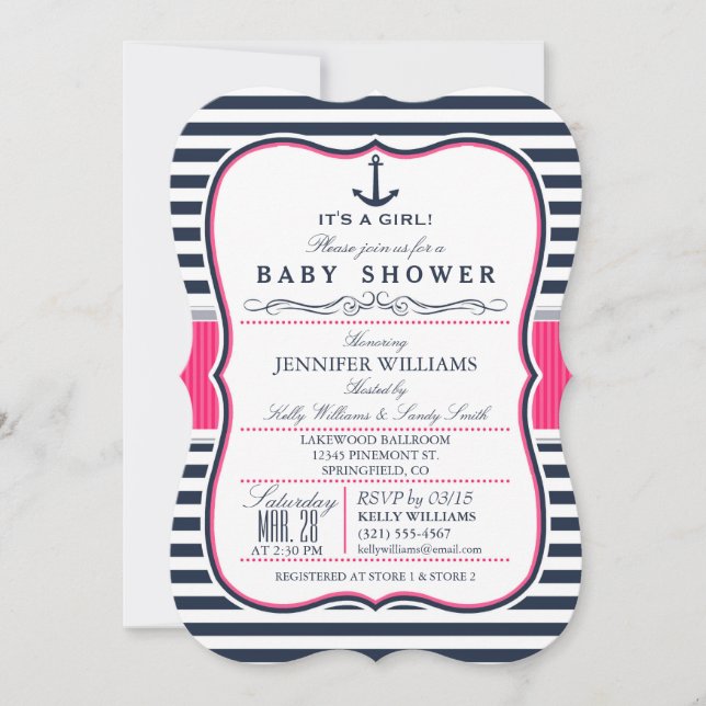 Elegant Nautical Baby Shower Invite; Navy and Pink Invitation (Front)