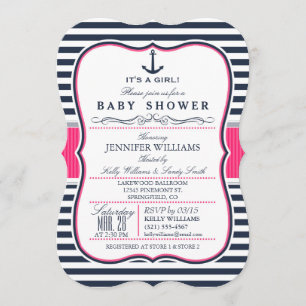 Elegant Nautical Baby Shower Invite; Navy and Pink Invitation