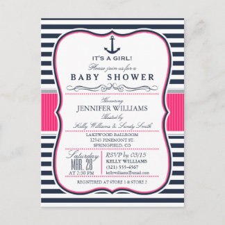 Elegant Nautical Baby Shower Invite; Navy and Pink Invitation Postcard