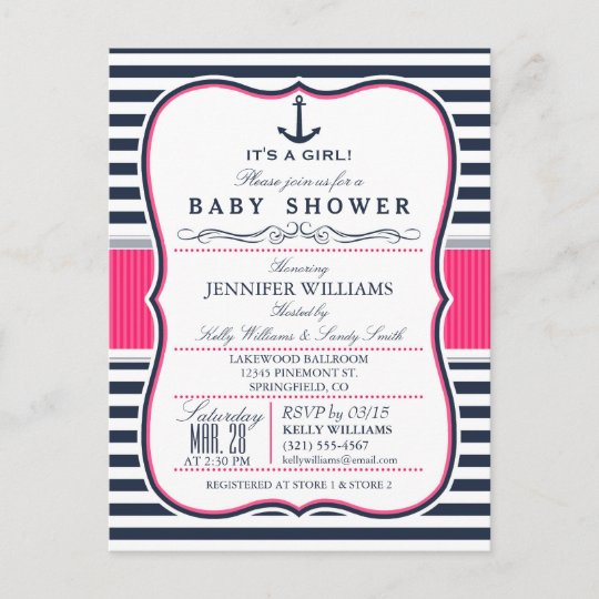 Elegant Nautical Baby Shower Invite Navy And Pink Invitation Postcard Elegant Nautical Baby Shower Invite Navy And Pink Invitation Postcard