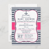 Elegant Nautical Baby Shower Invite; Navy and Pink Invitation Postcard (Front/Back)