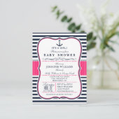 Elegant Nautical Baby Shower Invite; Navy and Pink Invitation Postcard (Standing Front)
