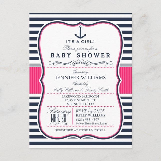 Elegant Nautical Baby Shower Invite; Navy and Pink Invitation Postcard (Front)