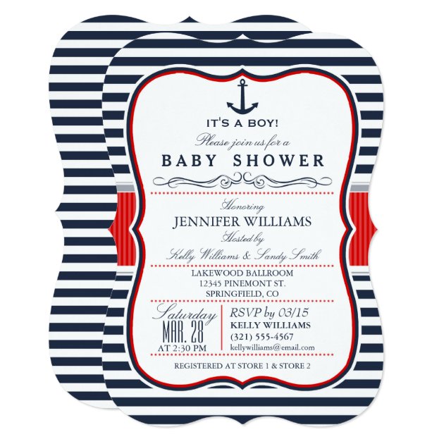 Elegant Nautical Baby Shower Invite; Navy And Red Invitation