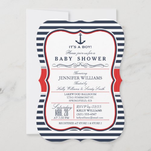 Elegant Nautical Baby Shower Invite; Navy and Red 5" X 7" Invitation Card