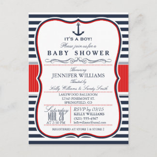 Elegant Nautical Baby Shower Invite; Navy and Red Invitation Postcard