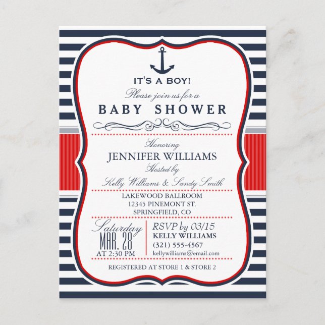 Elegant Nautical Baby Shower Invite; Navy and Red Invitation Postcard (Front)