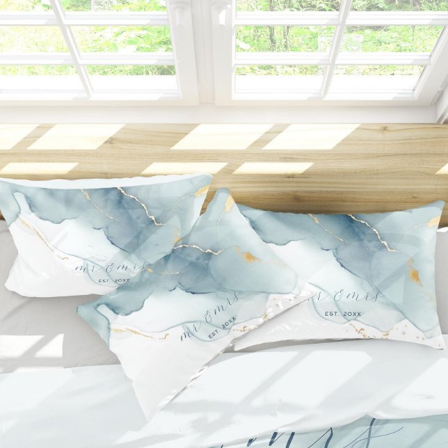 Elegant Nautical Beach Dusty Blue Mr Mrs Wedding Pillow Case (nautical dusty blue gold beach waves wedding anniversary gift duvet cover newly weds elegant modern)
