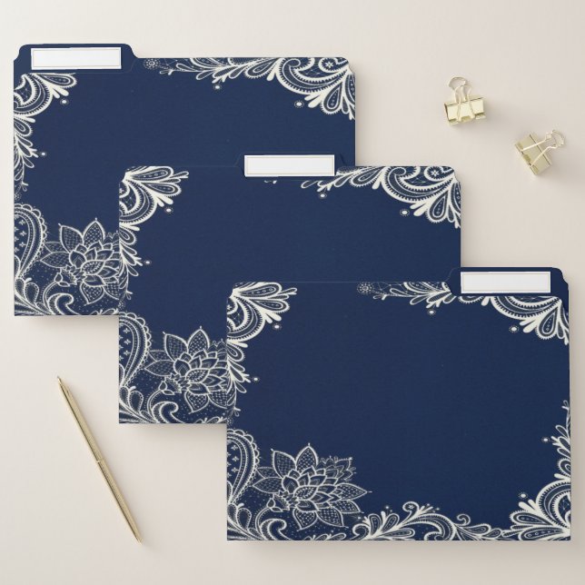 elegant nautical beach white lace navy blue file folder (Set)