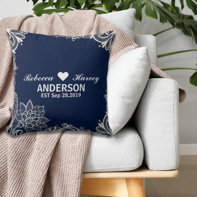 elegant nautical beach white lace navy blue throw pillow (elegant nautical beach white lace navy blue throw pillow)