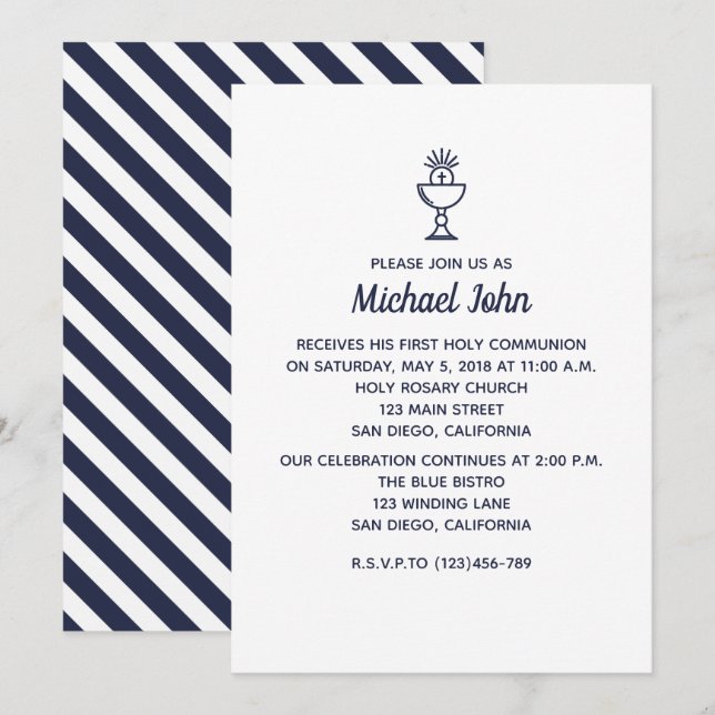Elegant Nautical Blue boy First Communion Invitation (Front/Back)