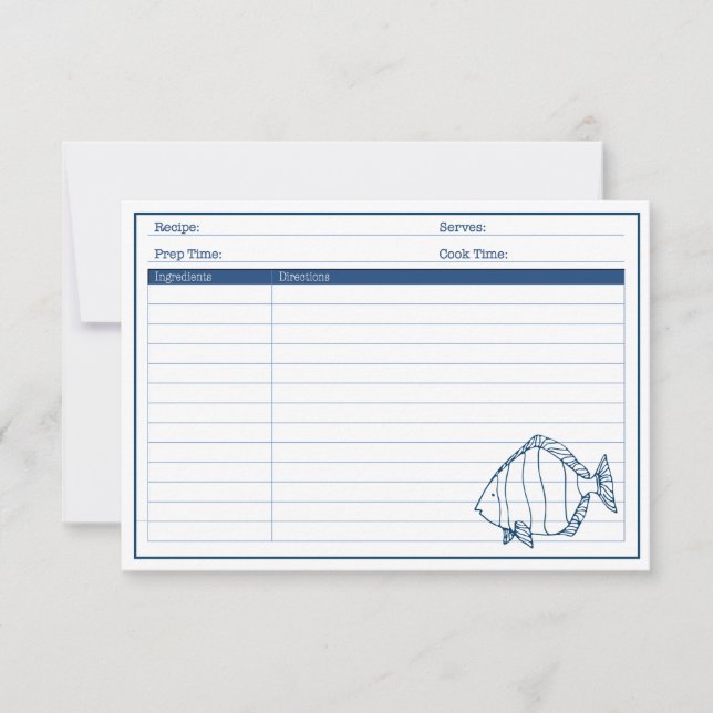 Elegant Nautical Blue Fish - Seafood Recipe Card (Front)