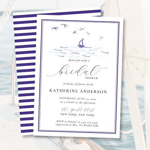 Elegant Nautical Boat Birds Stripes Bridal Shower Invitation