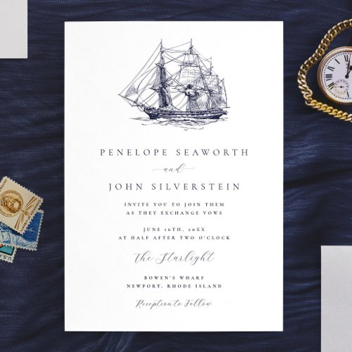 Elegant Nautical Boat Illustration Wedding Invitation