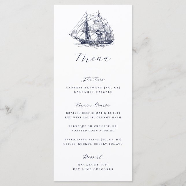 Elegant Nautical Boat Illustration Wedding Menu (Front)
